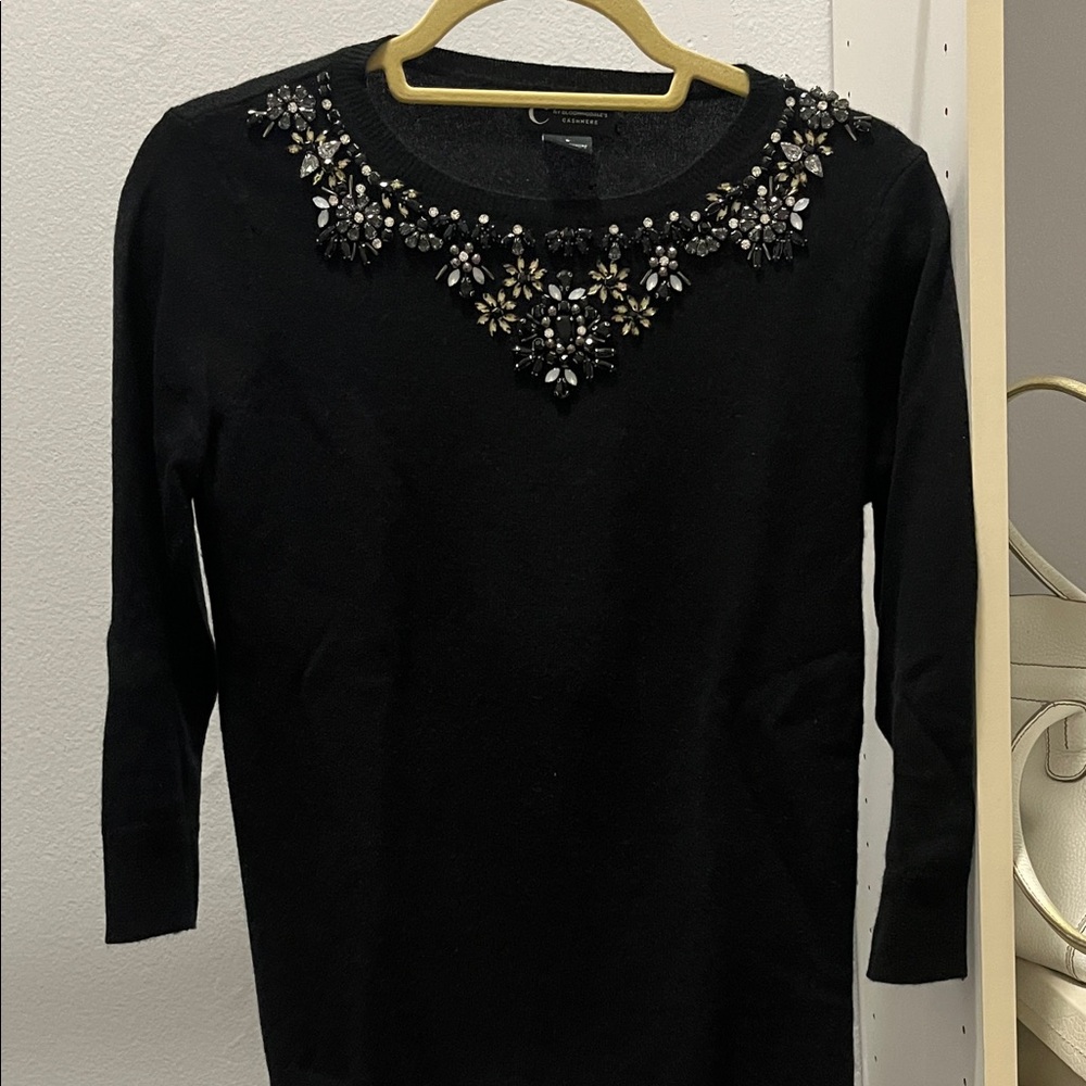 Elegant Black Embellished Crew Neck Sweater